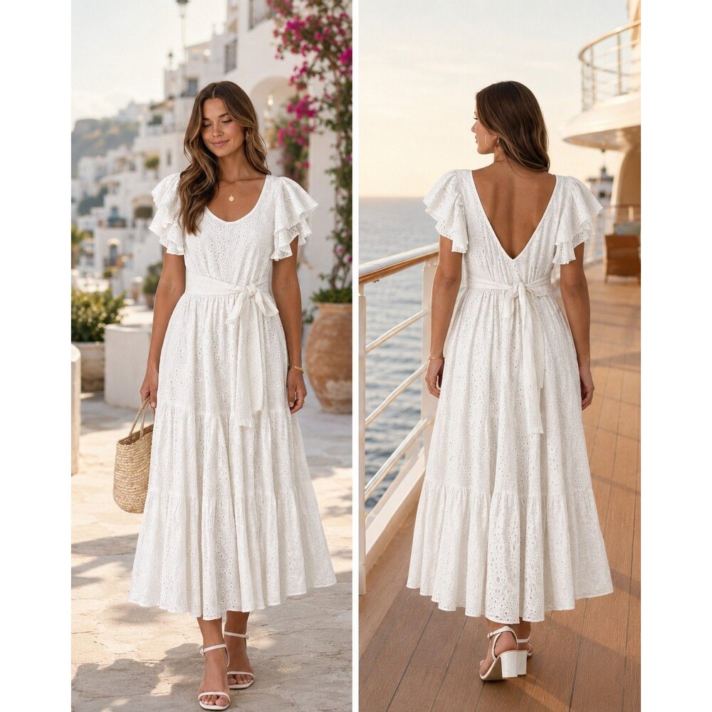 White Cottagecore Boho Midi Dress XS Ruffles 100% Cotton Vacation Honeymoon Lush